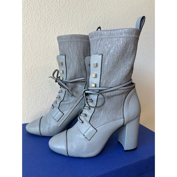 Stuart Weitzman Veruka Booties Gray Leather Lace-Up Block Heel Boots Sz 7 - Picture 4 of 5